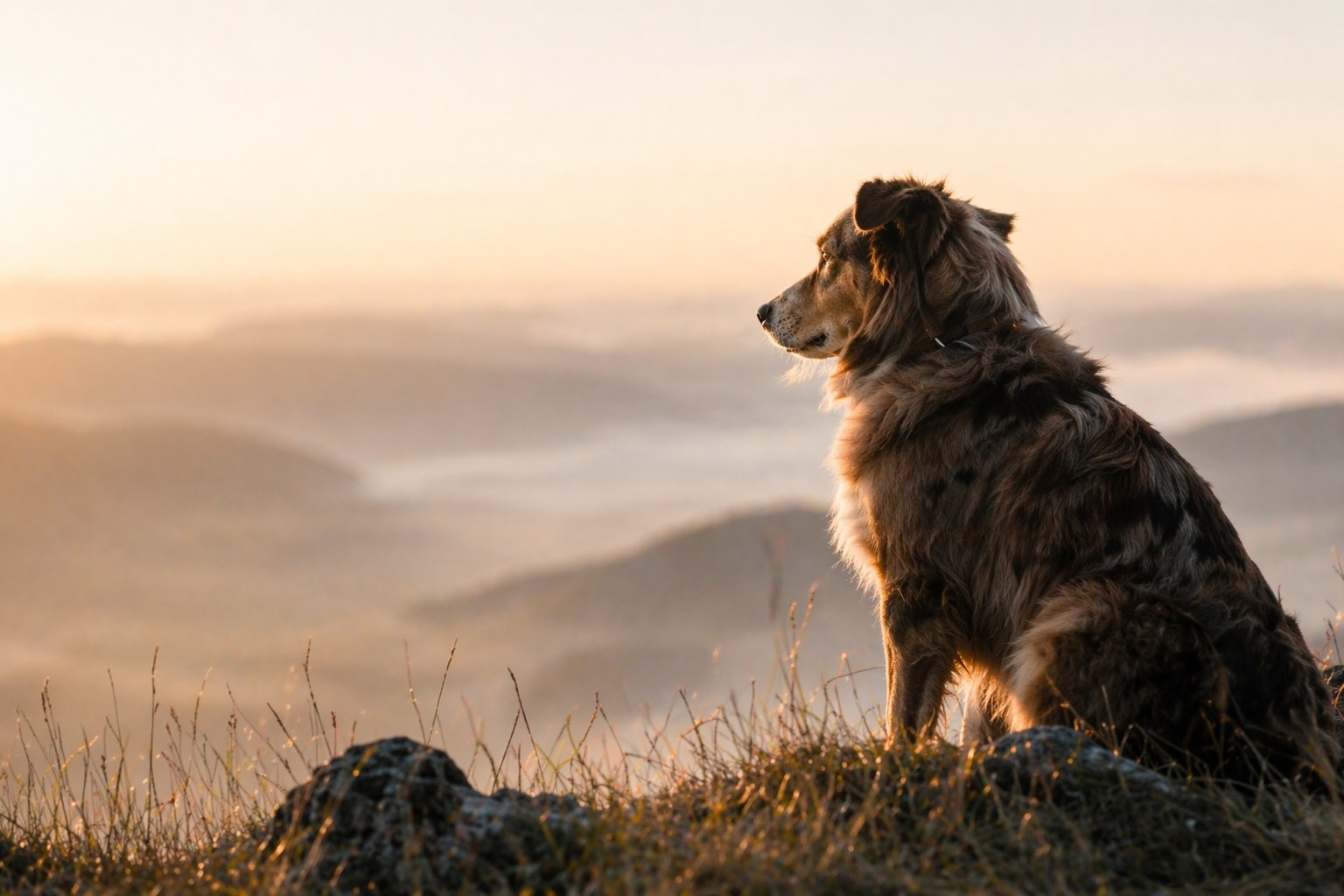 Dog at sunrise overlooking valleys